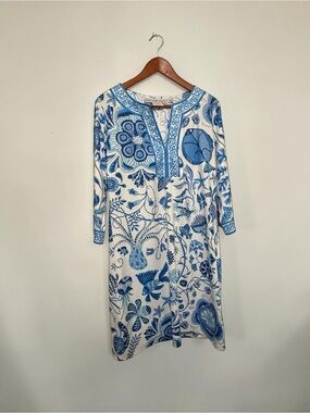 ⁠Gretchen Scott Fish Ocean Print Tunic Shift Dress Blue White Coastal Prep L